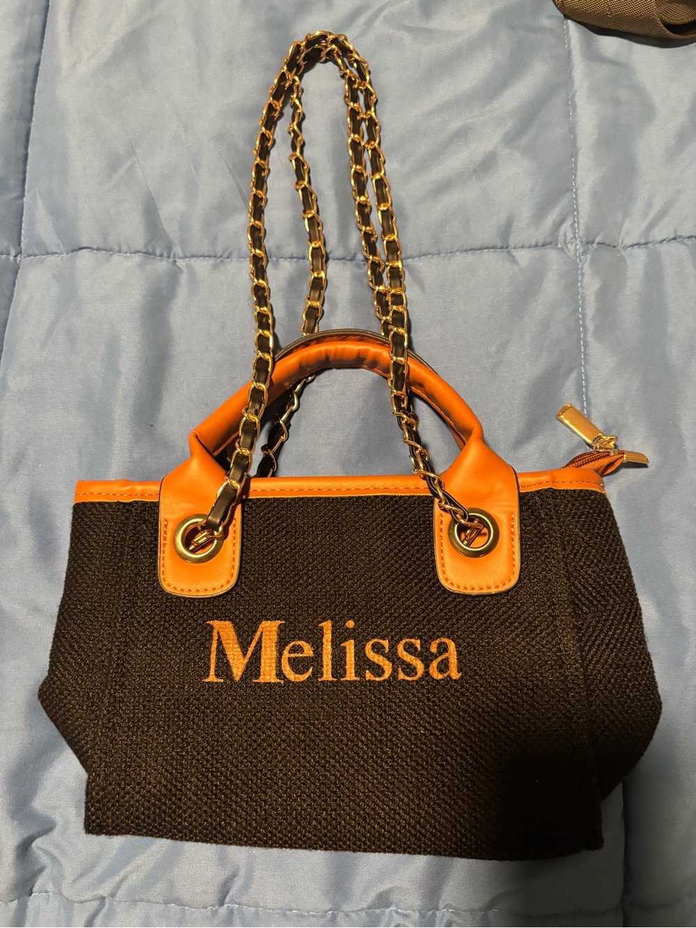 Lilly & Bean Melissa Black Tote with Orange Trim and Gold Chain Handles